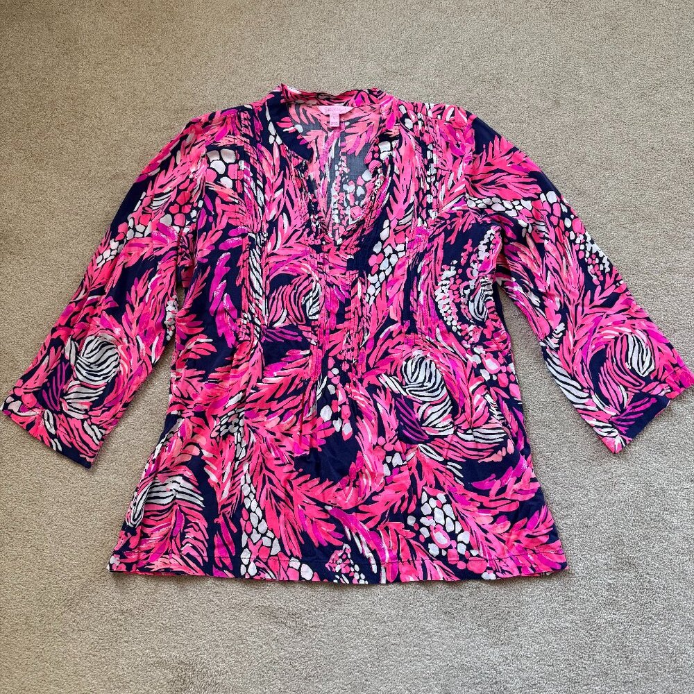 Lilly Pulitzer Sarasota Tunic‎ Top Women’s L Bright Navy A Jungle In Here